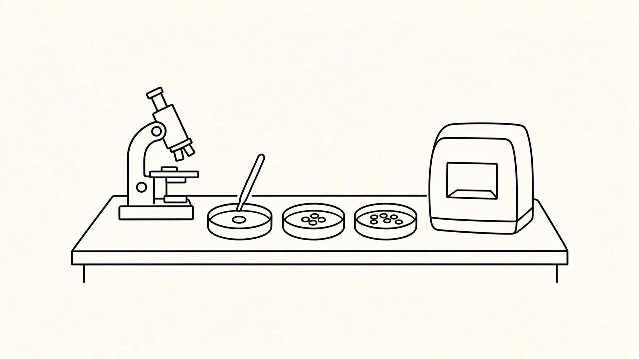 Laboratuvar tezgahında mikroskop, döllenme pipeti, gün gün gelişen üç embriyo kabı ve inkübatör.